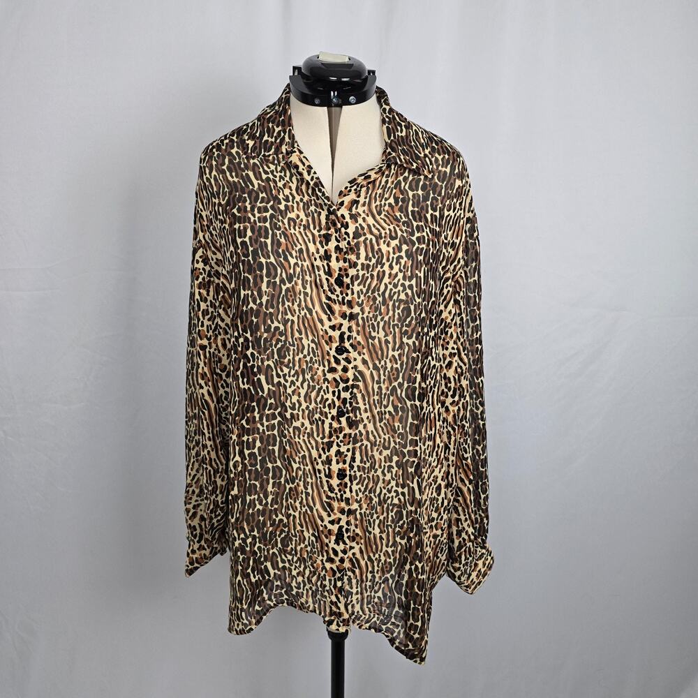 Elisabeth Liz Claiborne Cheetah Print Blouse Women's 1X Button Down Long Sleeve